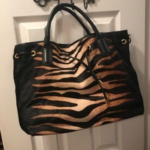 Tiger print calf hair tote with shoulder strap